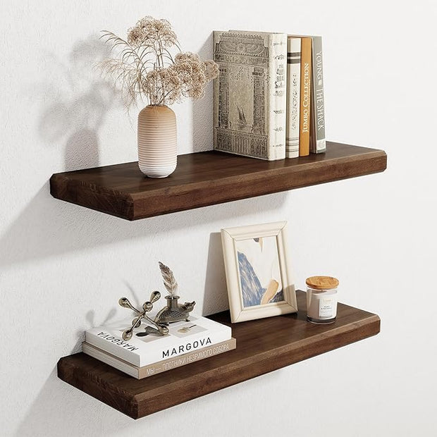 Axeman 24Inch Natural Wood Floating Shelves for Wall|Rustic Wooden Shelves for Bedroom Kitchen Bathroom|Storage Shelf with Invisible Bracket for Wall Mounted|Set of 2|Walnut Color