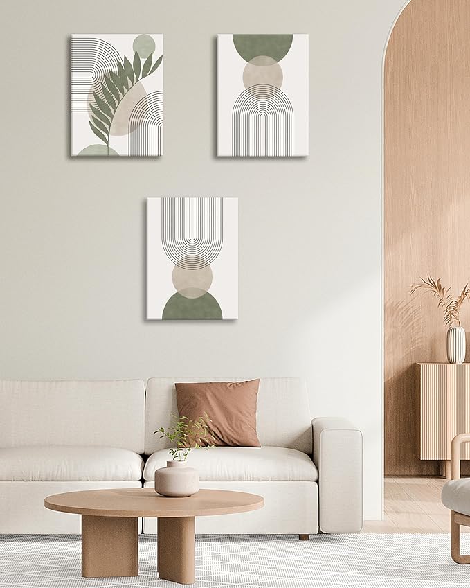 HesenDot 40x60CM Sage Green Boho Wall Art, Botanical Geometric Framed Canvas Bathroom Wall Art, Mid-Century Modern Wood Frame Abstract Prints for Living Room Bedroom Bathroom Home Decor, Set of 3