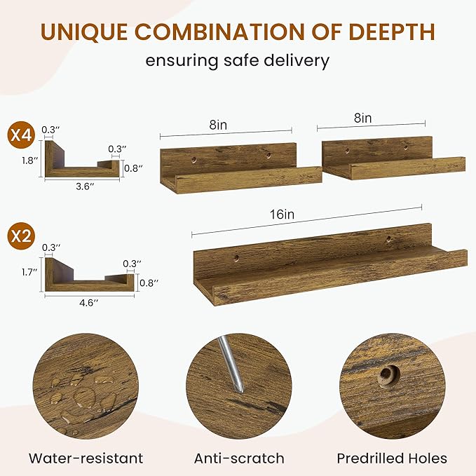 Axeman Picture Ledge Shelf, Floating Shelves for Storage Set of 6, 16 inch Floating Wall Mounted Shelves, Wall Shelves with Lip for Living Room, Bedroom, Nursery, Bathroom, Kitchen, Rustic Brown