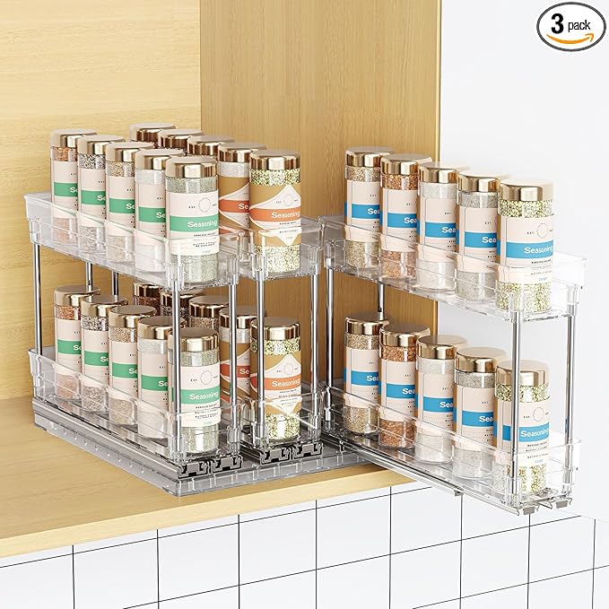 Pull Out Spice Rack Organizer for Cabinet, Slide Out Spice Racks Organizer, Easy to Install Spice Cabinet Organizers, 2.3''Wx10.66''Dx8.11''H, 3 Packs-2 Tiers(Clear)