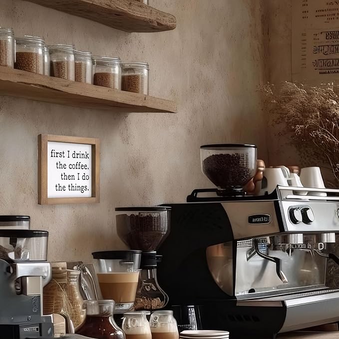 6 Inch Coffee Bar Signs Decor, Wooden First I Drink Coffee Then I Do Things Sign, Funny Office Decorations for Home Table Shelf Station Kitchen Counter Rustic Farmhouse