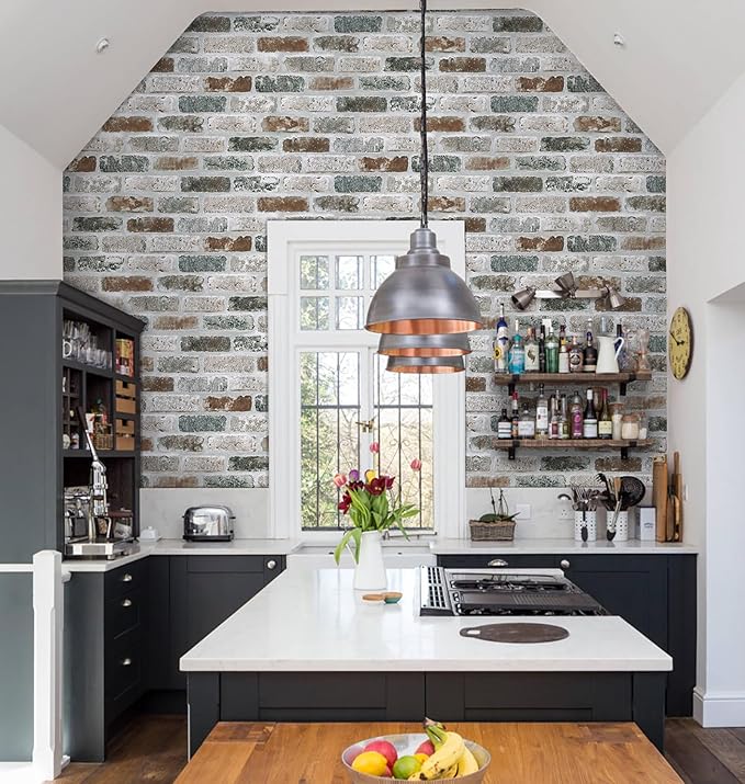Guvana 17.3"×394" Brick Wallpaper Self Adhesive Wall Paper Red/Blue/Grey Brick Peel and Stick Wallpaper Removable Contact Paper Brick Texture Vintage Wallpaper for Kitchen Backsplash Accent Wall Decor
