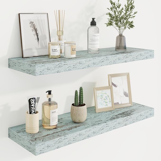 30in Floating Shelves for Wall, 30"W x 9.25"D x 1.25"H, 2 Pack Long Wall Mounted Engineered Wood Shelves with Invisible Brackets for Living Room, Bedroom, Bathroom, Kitchen Decor and Storage, Blue
