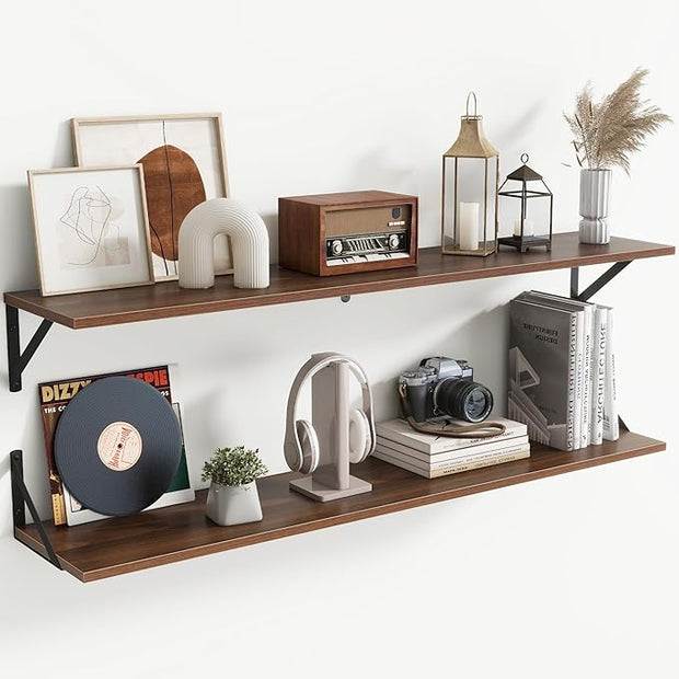 Floating Shelves for Wall,48" Wx8 D Wood Wall Shelves,Hanging Storage Floating Shelf with Metal Brackets,Wide Floating Bookshelf for Living Room,Office,Bedroom,Bathroom,Set of 2,Walnut