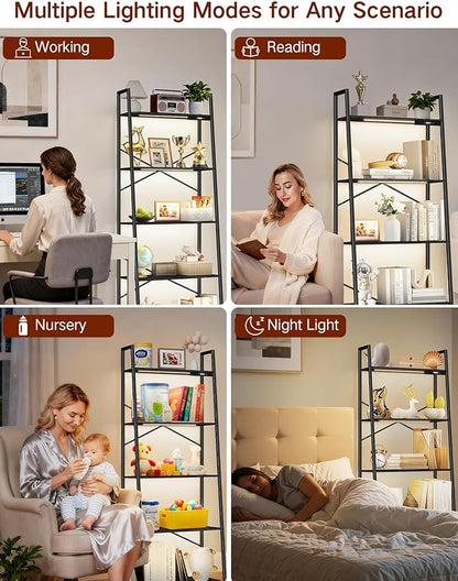 5-Tier Wide Ladder Shelf with LED Lights, Touch & Remote Control, 3 Color Temperatures, Dimmable Tall Corner Standing Bookcase, Metal Wood Display Shelf for Living Room, Bedroom(Black)