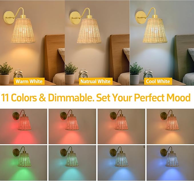 Rattan Rechargeable Battery Operated Wall Sconces Set of 2, Wireless Battery Operated Wall Lights with Remote, 12 Color LED Dimmable 5000mAh Boho Lighting for Bedroom Living Room Hallway