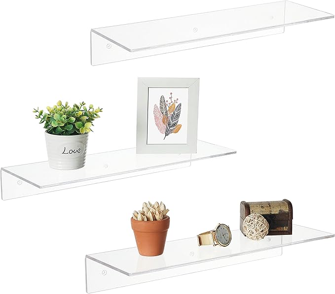 MyGift 17-Inch Clear Acrylic Floating Shelves - Wall Mounted Modern Crystal Display Shelf Racks, Set of 3