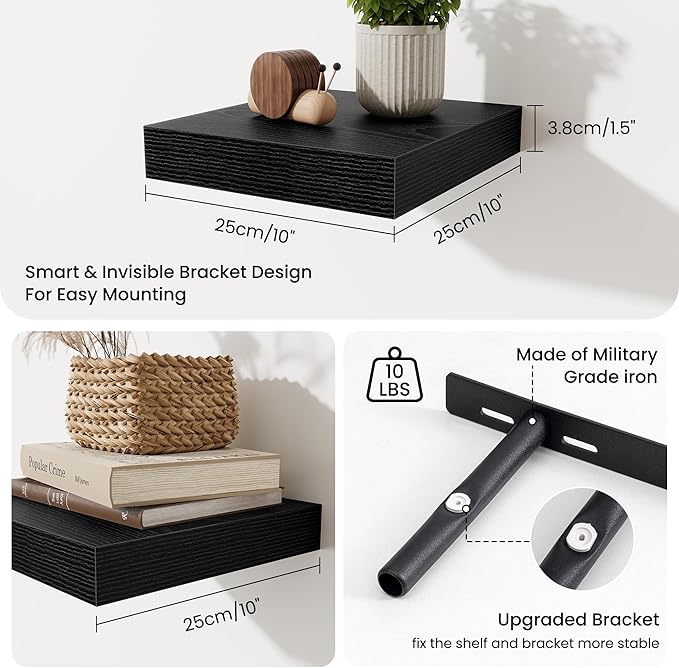 Fun Memories Floating Shelves for Wall 10 Inch, 10 Inch Deep Square Wall Shelves, Bathroom Storage Shelves Over Toilet, Wood Floating Shelves for Living Room Bedroom, Black, Set of 2