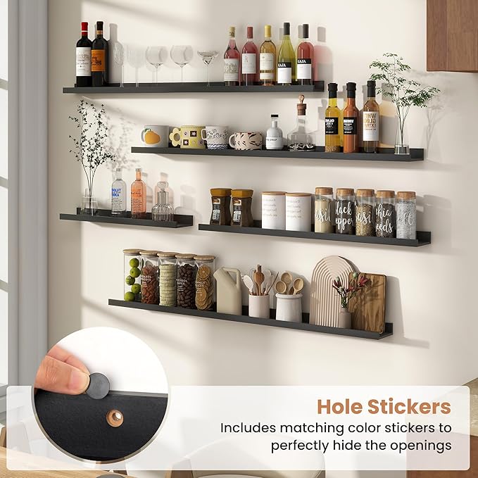 Fun Memories Picture Ledge Shelves Set of 4, 24 Inch Rustic Wall Mounted Floating Shelves with Lip for Home Storage and Décor in Bathroom, Kitchen, Nursery, Bedroom, Living Room, Black