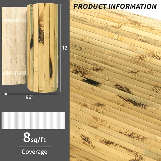 Art3d Natural Bamboo Wall Panel for Interior Wall Decor, Renewable Pole Wrap Wainscoting Paneling for Wall Ceiling Furniture Cabinet Office, 12 x 96 Inch - Light Burned, 1-Pack