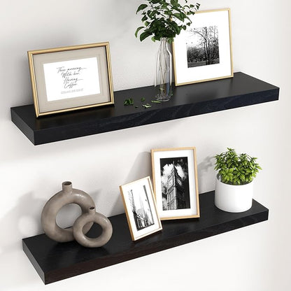 fuqing 30 Inch Floating Shelves for Wall, Black Wood Floating Shelves Set of 2, 30 Inch Wide x 6.7 Inch Deep Wooden Shelves for Living Room Bedroom Bathroom Home Office