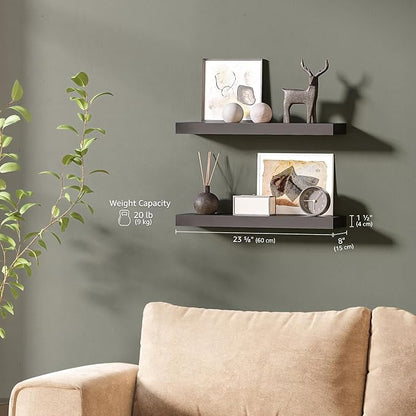 Ballucci Floating Shelves for Wall, 24" Wood Wall Shelf Set of 2, with Invisible Brackets for Bathroom, Living Room, Bedroom, Kitchen, Nursery, 8" Deep, Black