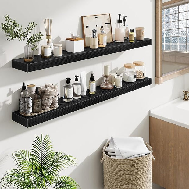 Fun Memories Floating Shelves 48 Inch, Extra Large Wood Shelf Set of 2, Hanging Wall Shelves for Bathroom, Living Room, Kitchen, Bedroom, Black