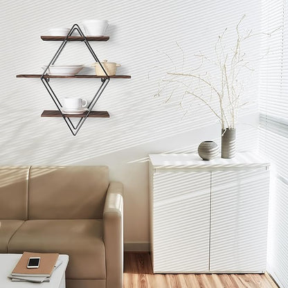 Modern Wooden Floating Wall Shelf Decor for Wall Storage – Geometric Design Decorative Wall Mount 3-Tier Hanging Shelf Plant Display for Bedroom, Living Room, Bathroom, Kitchen