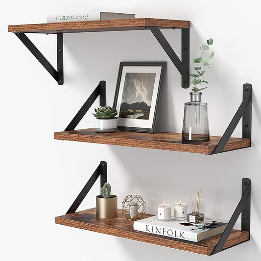 Heimlove Floating Shelves for Wall, 16 Inch Long Wood Floating Shelves Set of 3, Wall Mounted Hanging Shelf for Bathroom Bedroom Kitchen, Rustic Brown