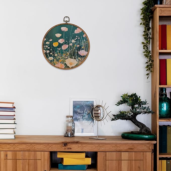 KSDUT Retro Aesthetic Floral Green Wall Art Decor - Botanical Neutral Mid Century Modern Wall Art Canvas Frame Hanging Prints, Vintage Landscape Round Wall Art Decor for Home Decorations 10