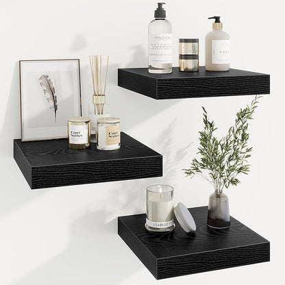 Marsmiles Square Floating Shelves for Wall, 12" W x 12" D x 1.5" H, 3 Pack Small Wall Mounted Engineered Wood Shelves with Invisible Brackets for Living Room, Bedroom, Bathroom, Kitchen Decor, Black
