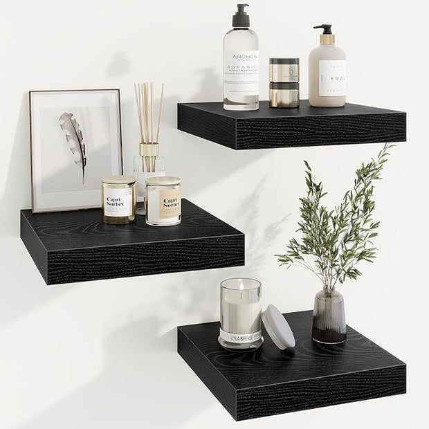 Marsmiles Square Floating Shelves for Wall, 12" W x 12" D x 1.5" H, 3 Pack Small Wall Mounted Engineered Wood Shelves with Invisible Brackets for Living Room, Bedroom, Bathroom, Kitchen Decor, Black