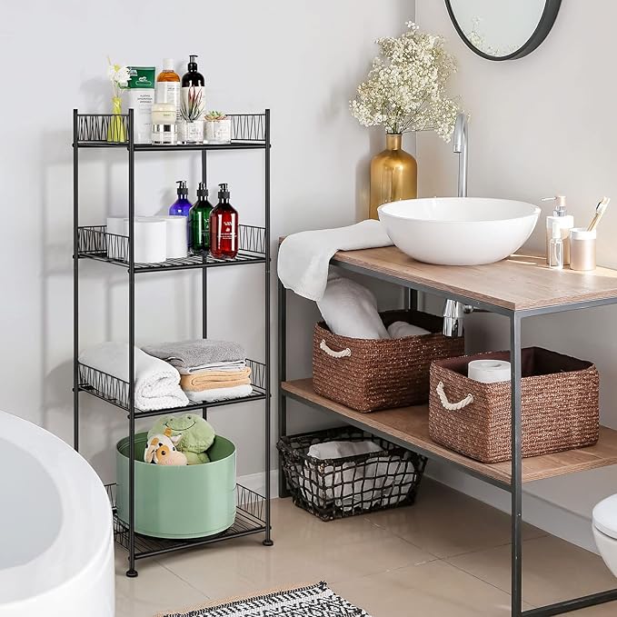 OYEAL Bathroom Shelves Freestanding Bathroom Towel Storage 4 Tier Wire Shelving Unit with Guard Bathroom Shelf Organizer Standing for Pantry Kitchen Laundry Room Organization, Black