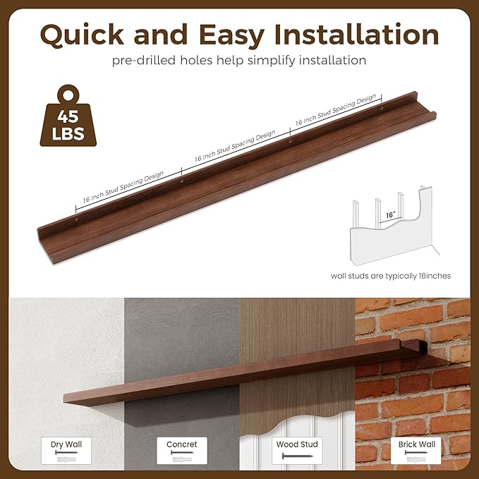 Picture Ledge Shelf | 55 Inch Wood Floating Shelves Set of 2 | Dark Wood Wall Shelves with Lip | Picture Shelf for Wall with Ledge | Photo Ledge Shelves