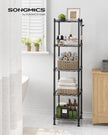 SONGMICS 5-Tier Bathroom Shelf, Storage Rack for Small Space, with 5 PP Shelf Liners, Removable Hook, Extendable Design, Ink Black and Translucent ULGR23BK