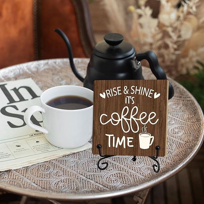 Coffee Desk Decor Sign, Coffee Time Sign With Stand For Farmhouse Home Kitchen Table, Wine Sign For Farmhouse Home Kitchen Bar Shelf Table, Gifts For Family Friend Coworker-10