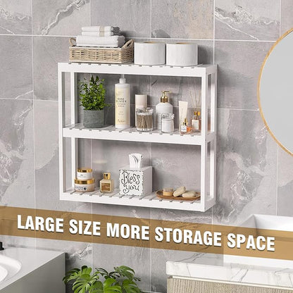 Domax Bathroom Shelves Over Toilet Storage - 3 Tier Wall Mounted Bamboo Bathroom Shelf Organizer Multifunctional Adjustable Layer Free Standing Utility Shelves for Bathroom Living Room Kitchen, White