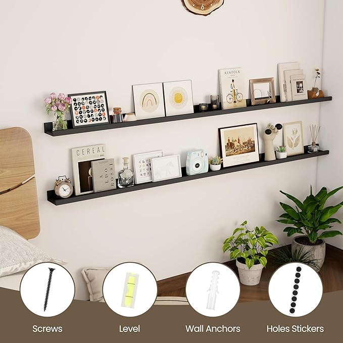 Axeman 72 Inch Floating Shelves | Picture Ledge Shelf Set of 2 | Black Wall Shelves with Lip | Black Picture Shelf for Wall with Ledge | Photo Ledges 72 Inch