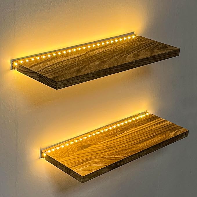 Floating Shelves for Wall Decor Wood Wall Mounted Shelves with LED Lights Set of 2, Sturdy Rustic Wood Shelves Farmhouse Shelf Hanging for Bathroom, Bedroom, Living Room, Kitchen (Battery powwer)