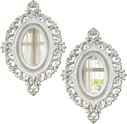 Cityelf 2 Set Oval Wood Carved Wall Mirror Baroque 3D Relief Rustic Home Decor Small Decorative Hanging Mirrors for Living Room, Bedroom Entrance Wall Sculpture