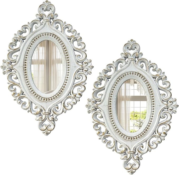 Cityelf 2 Set Oval Wood Carved Wall Mirror Baroque 3D Relief Rustic Home Decor Small Decorative Hanging Mirrors for Living Room, Bedroom Entrance Wall Sculpture