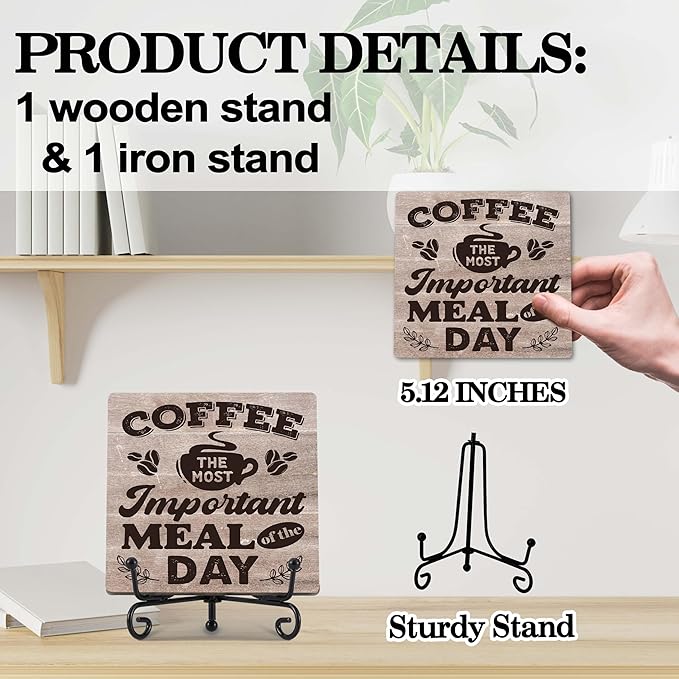 Coffee Bar Decor, Farmhouse Kitchen Table Decor, Coffee Station Accessories, Wooden Decorative Sign with Iron Stand for Table Desk Shelf Display-E18