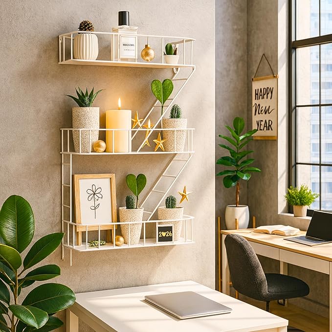 Fire Escape Wall Shelf – New York Decorative Floating Shelf – Wall Art Ladder Shelf – White Metal Trinket Shelves for Bedroom, Living Room, Home, Storage and Display (3-Tier)