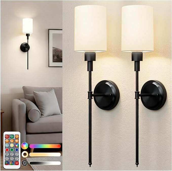 DORESshop Battery Operated Wall Sconce Set of 2, Wireless Wall Light Easy to Install, 7 Color Rechargeable Wall Sconces, Sconce Wall Decor Set of 2 for Bedroom, Living Room, Black, 24.3in