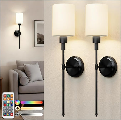 DORESshop Battery Operated Wall Sconce Set of 2, Wireless Wall Light Easy to Install, 7 Color Rechargeable Wall Sconces, Sconce Wall Decor Set of 2 for Bedroom, Living Room, Black, 24.3in