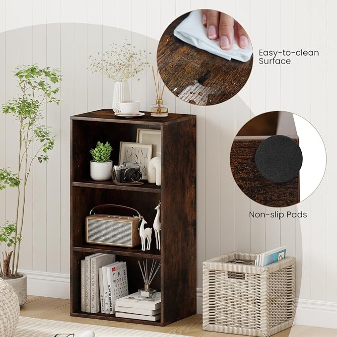 Giantex 3 Shelf Bookcase, Book Shelves Cube Storage Organizer, Open Storage Cabinet Multi-Functional Home Office Bedroom Furniture Display Bookcases, Rustic Brown