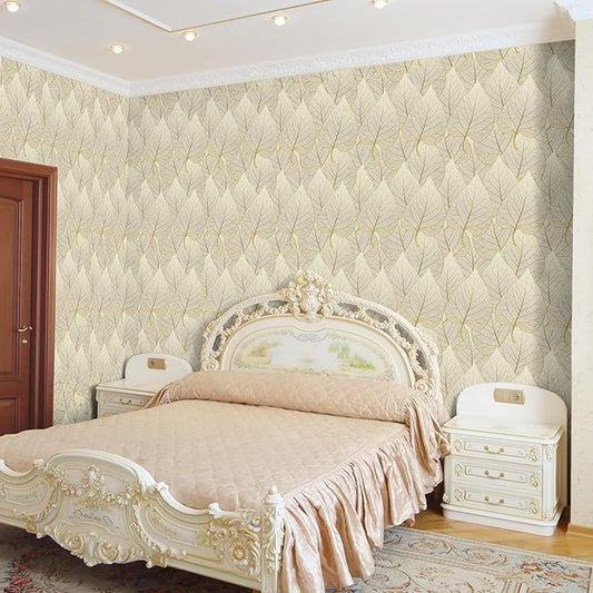VaryStyle 17.7"x393" Luxury Gold and White Wallpaper Gold Leaf Peel and Stick Wallpaper Floral Decorative Golden Contact Paper Removable Renter Friendly Leaves Wall Paper for Bedroom Furniture Shelf