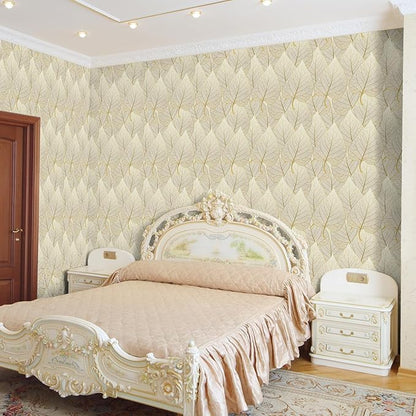 VaryStyle 17.7"x118" Luxury Gold Leaf Wallpaper White/Gold Peel and Stick Wallpaper Leaves Wall Mural Self Adhesive Stick on Vinyl Wallpaper Gold Contact Paper for Cabinets Bathroom Walls Shelf Liner