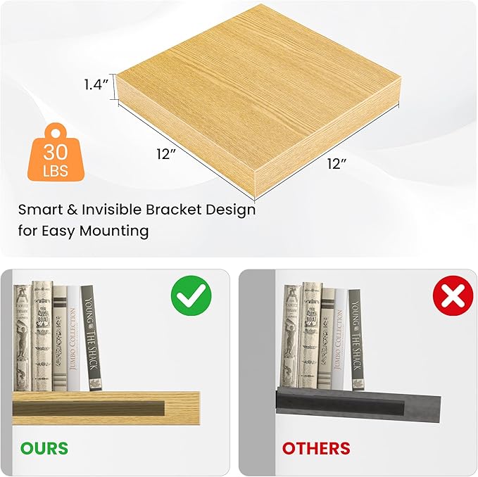 Square Floating Shelves for Wall, 12" W x 12" D x 1.2" H, Small Wooden Wall Mounted Display Shelves with Invisible Brackets for Living Room, Bedroom, Bathroom, Kitchen Decor, Set of 3, Oak
