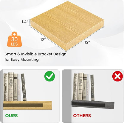 Square Floating Shelves for Wall, 12" W x 12" D x 1.2" H, Small Wooden Wall Mounted Display Shelves with Invisible Brackets for Living Room, Bedroom, Bathroom, Kitchen Decor, Set of 3, Oak