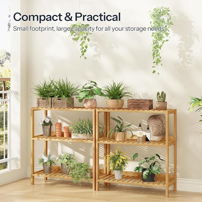HOOBRO Bamboo Storage Shelf, 3-Tier Freestanding Shelving Unit, Multifunctional Storage Rack with Back Panel, 23.6 x 10.2 x 26 inches, for Bathroom, Living Room, Balcony, Kitchen, Natural YL94CJ01