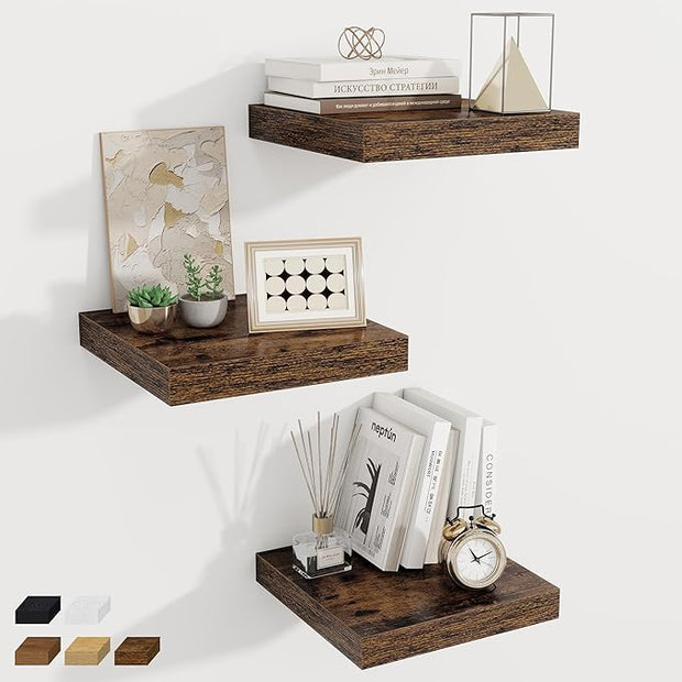 Fun Memories 12 Inch Square Floating Shelves 3 Pack - Wall Shelves with Invisible Brackets, Small Floating Shelves for Wall, Brown Wood Shelves for Bathroom, Living Room, Bedroom, and Kitchen Decor