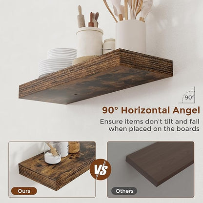 Heimlove 24 Inch Floating Shelves for Wall Rustic Brown Shelves Set of 2,Wall Mounted Rustic Wood 8 Inch Deep Floating Shelf with Invisible Brackets for Bedroom Kitchen Living Room