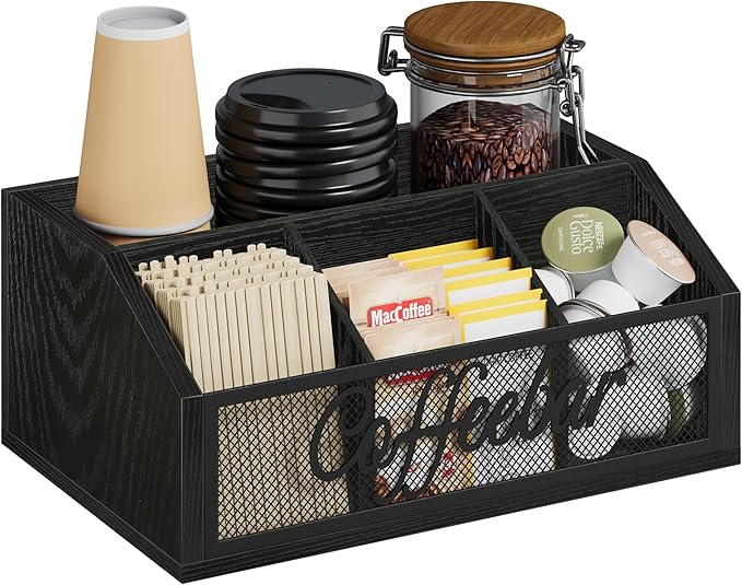 YINMIT Coffee Station Organizer for Countertop, Wood Coffee Bar Organizer with Removable Dividers for Pods, Syrup, Cups, Stirrer, Tea - Office Bar Accessories, Iron Mesh-Black