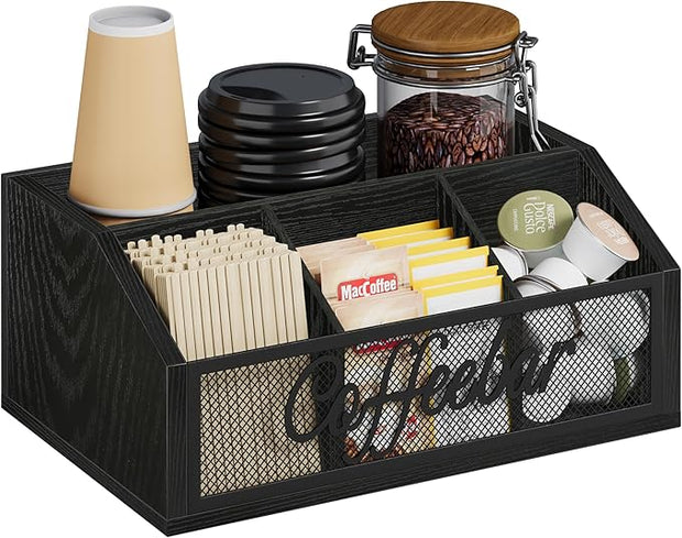 YINMIT Coffee Station Organizer for Countertop, Wood Coffee Bar Organizer with Removable Dividers for Pods, Syrup, Cups, Stirrer, Tea - Office Bar Accessories, Iron Mesh-Black