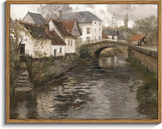 InSimSea Framed Canvas Wall Art Vintage Decor, Landscape Wall Art Prints, Riverside Small Town Canvas Prints, Rustic Farmhouse Wall Decor for Bedroom Living Room, Retro Room Decor, 11