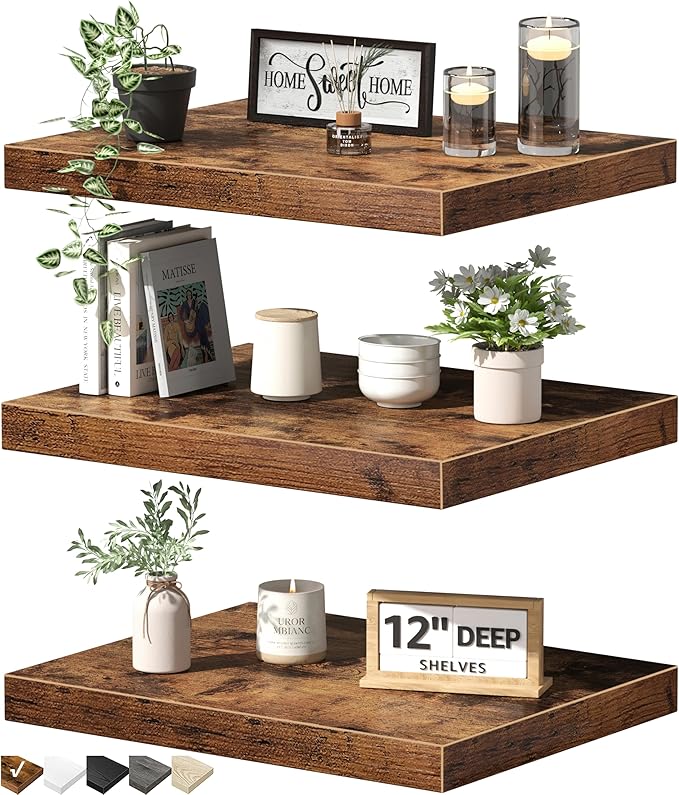 QEEIG 12" Deep Floating Shelves for Wall - 12 x 16 inch Book Shelf Bathroom Bedroom Kitchen Living Room Hanging Bookshelf Farmhouse Set of 3, Brown (026-40BN3)