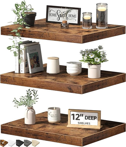 QEEIG 12" Deep Floating Shelves for Wall - 12 x 16 inch Book Shelf Bathroom Bedroom Kitchen Living Room Hanging Bookshelf Farmhouse Set of 3, Brown (026-40BN3)