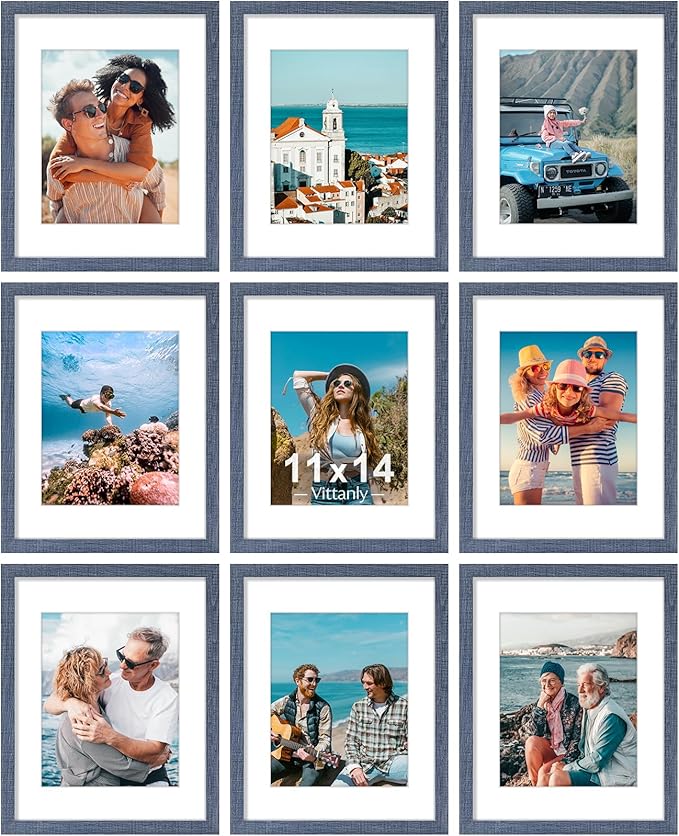Vittanly 11x14 Picture Frames Set of 9, Shatter Resistant Plexiglass, Display 8x10 Pictures with Mat or 11x14 without Mat, Photo Frames for Wall or Tabletop, Engineered Wood, Navy