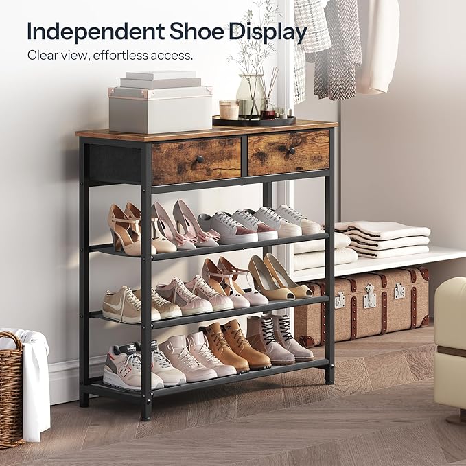 HOOBRO Shoe Rack, 4 Tier Shoe Storage Organizer with 2 Non-Woven Drawers, 9-12 Pairs of Shoes for Entryway, Shoe Shelf with 3 Oxford Fabric Shelves and Wooden Top, Closet, Rustic Brown BF77XJ01